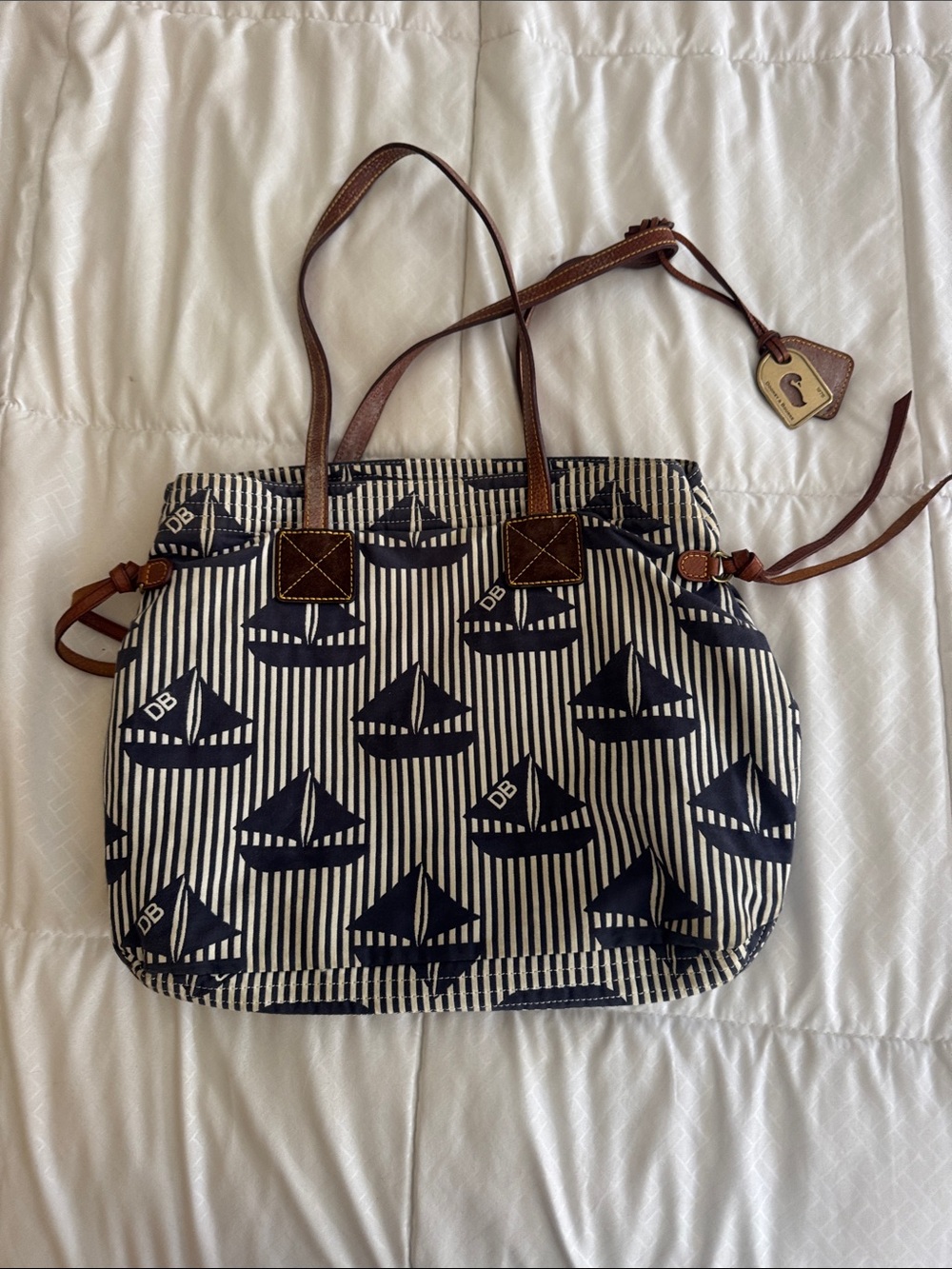 Dooney & Bourke Navy and White Sailboat Print Tote with Brown Leather Straps